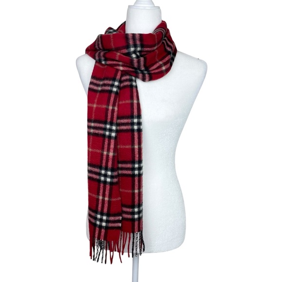 Burberry Runway Check Plaid 100% Cashmere Unisex Fringed Scarf Currant Red - Picture 1 of 7